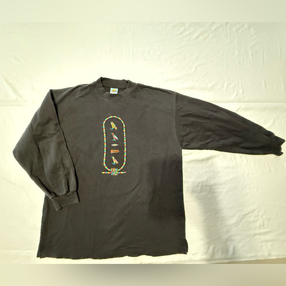 Vintage Darwish L Moonlight Egyptian Ancient Hieroglyphics Cotton Black Crewneck